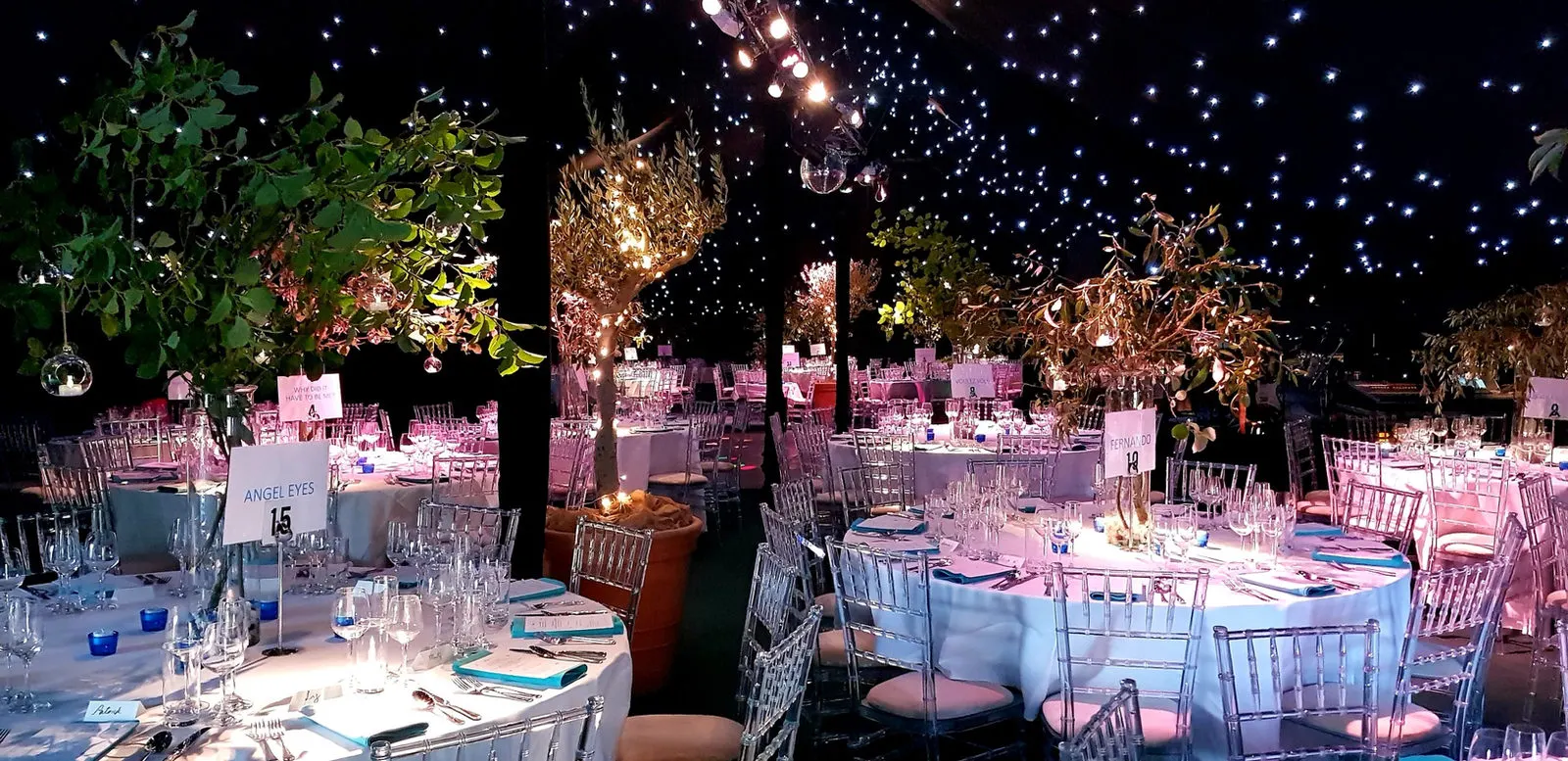 Dinner tables under a starlit ceiling